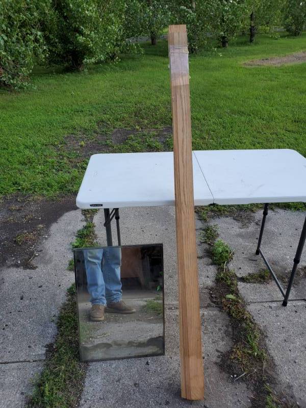 lot 74 image: 5 foot long oak trim boards & bathroom mirror