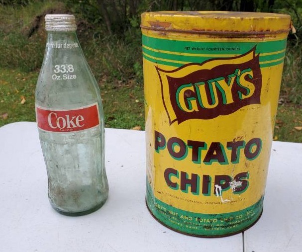 lot 159 image: Vintage Coke Bottle & Guys Potato Chips Tin