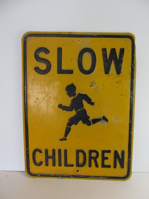 lot 16 image: Old Vintage Embossed Steel SLOW CHILDREN Street Sign