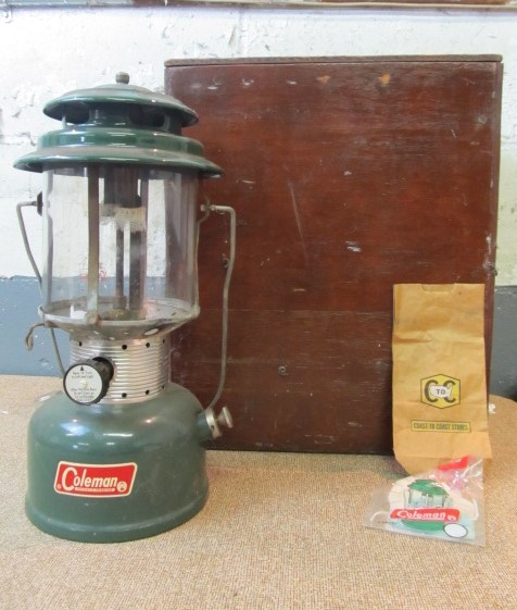 lot 38 image: Vintage COLEMAN Lantern wWood Crate & Some Accessories