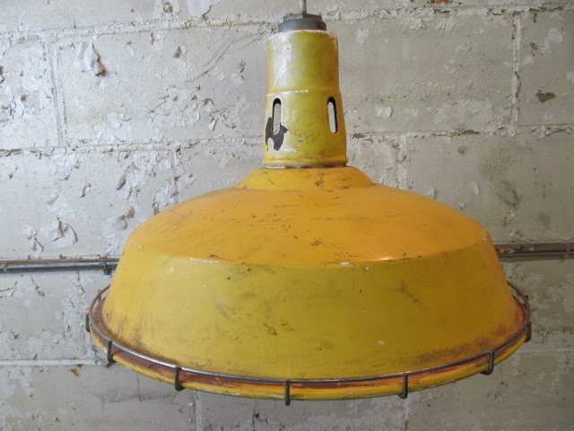 lot 51 image: Yellow Industrial Hanging Light Fixture wCage