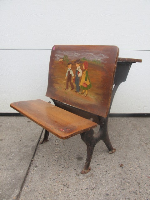 lot 77 image: Antique Cast Iron School Desk wHand Painted Top