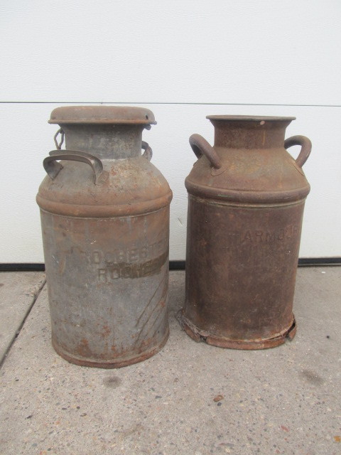 lot 78 image: Pair of Antique Milk Cans wAdvertising