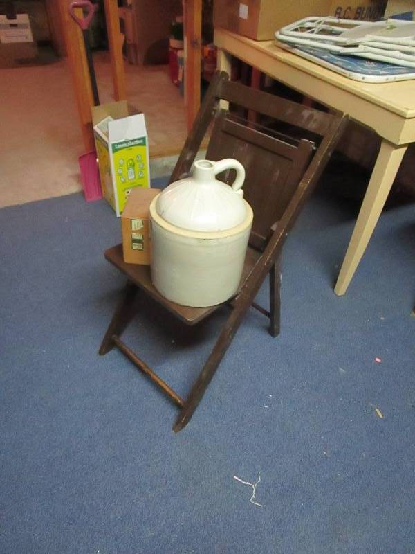 lot 165 image: Vintage Chair, Stoneware Jug, Cigar Box