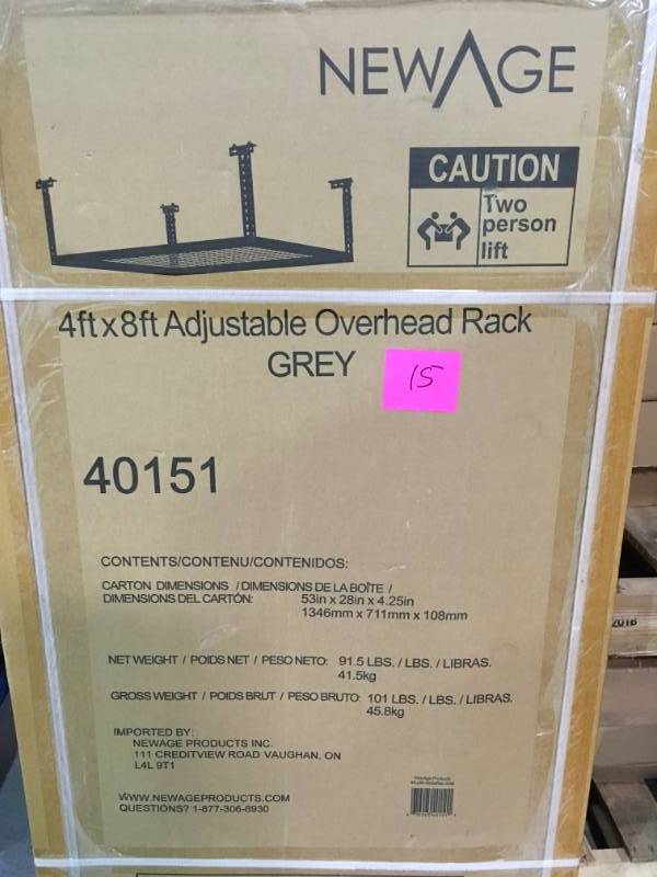 lot 15 image: NewAge Products VersaRac 42 in. H x 48 in. W x 96 in. D Adjustable Height Garage Ceiling Mounted Storage Unit in Gray LOT OF 2 not used