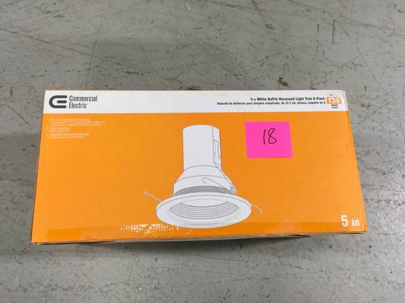 lot 18 image: Commercial Electric 5 In. White Baffle Recessed Light Trim in very good condition