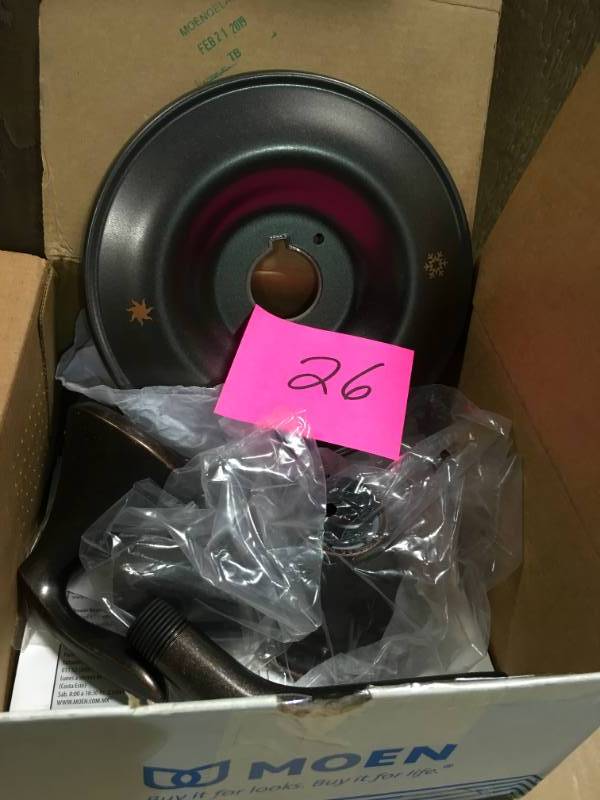 lot 26 image: MOEN Eva 1-Handle Posi-Temp Shower Only Trim Kit with Eco-Performance Showerhead in Oil Rubbed Bronze (Valve Not Included)  in very good condition