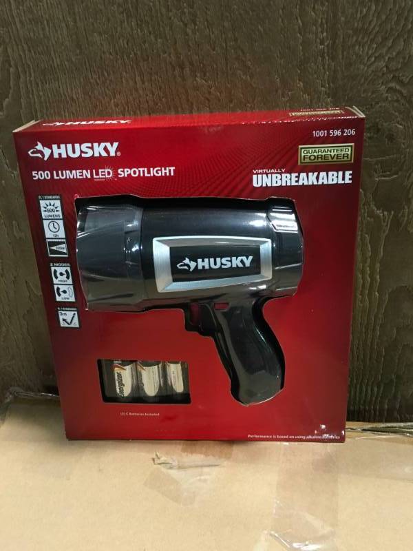 lot 27 image: HUSKY 500 Lumen LED SPOTLIGHT 1001 596 206 Virtually Unbreakable WITH BATTERIESnot used