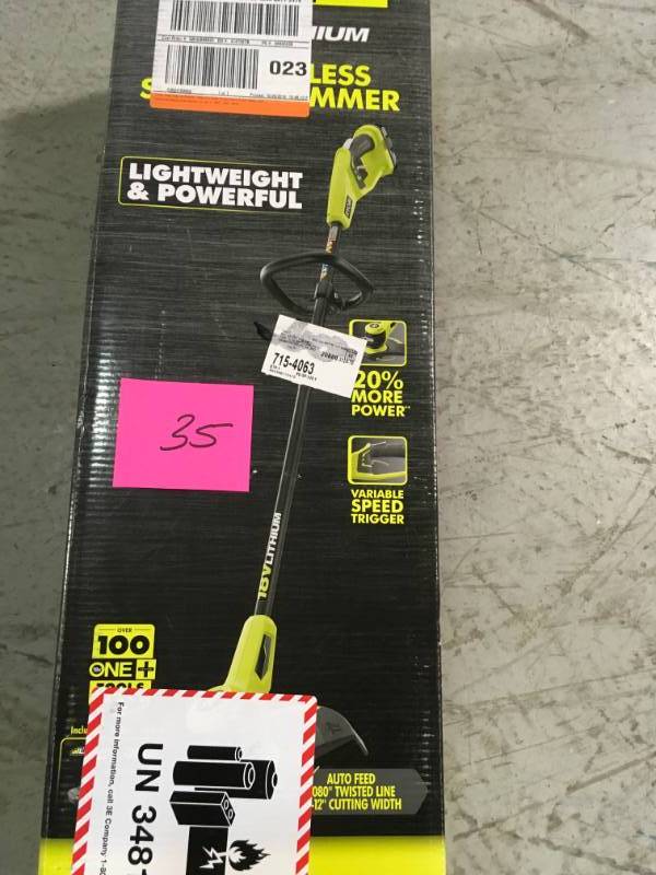 lot 35 image: RYOBI ONE 18-Volt Lithium-Ion Electric Cordless String Trimmer 2.0 Ah Battery and Charger Included in very good condition