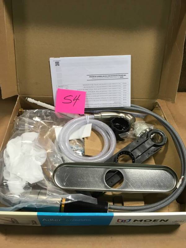 lot 54 image: MOEN Adler Single-Handle Low Arc Standard Kitchen Faucet with Side Sprayer in Spot Resist Stainless in very good condition
