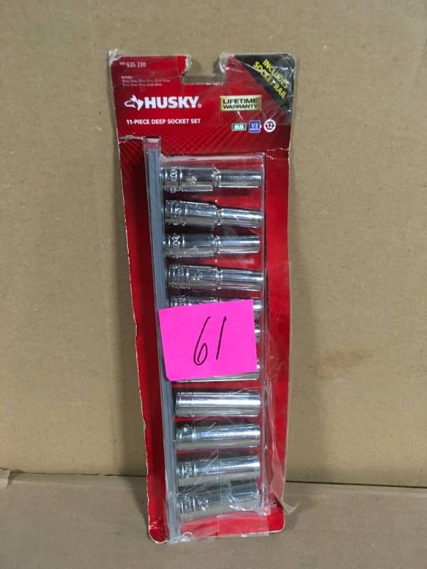 lot 61 image: Husky H2DDPMM11PCSR 12 in. Drive Metric Deep Socket Set (11-Piece) in very good condition