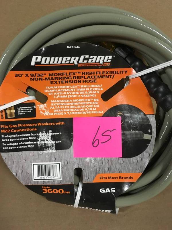 lot 65 image: Power Care 3,600 psi 932 in. x 30 ft. ReplacementExtension Hose with Adapter for Gas Pressure Washer in very good condition