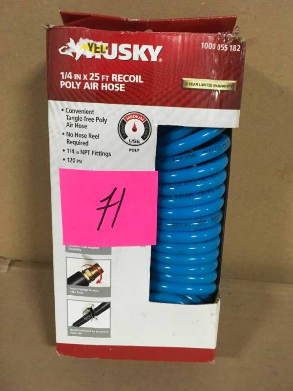 lot 71 image: Husky 14 in. x 25 ft. Polyurethane Recoil Air Hose in very good condition