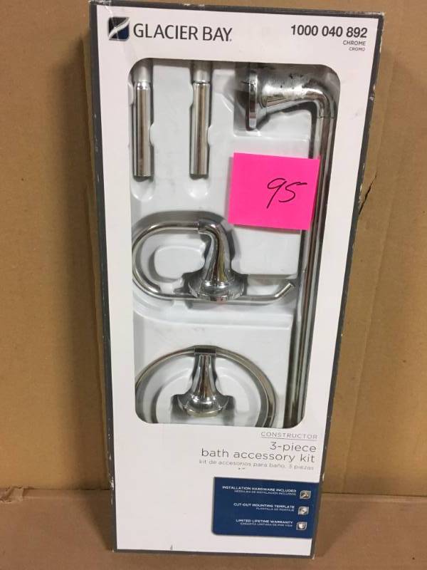 lot 95 image: Glacier Bay Constructor 3-Piece Bath Hardware Set with Expandable Towel Bar, Towel Ring, and Toilet Paper Holder in Chrome in very good condition