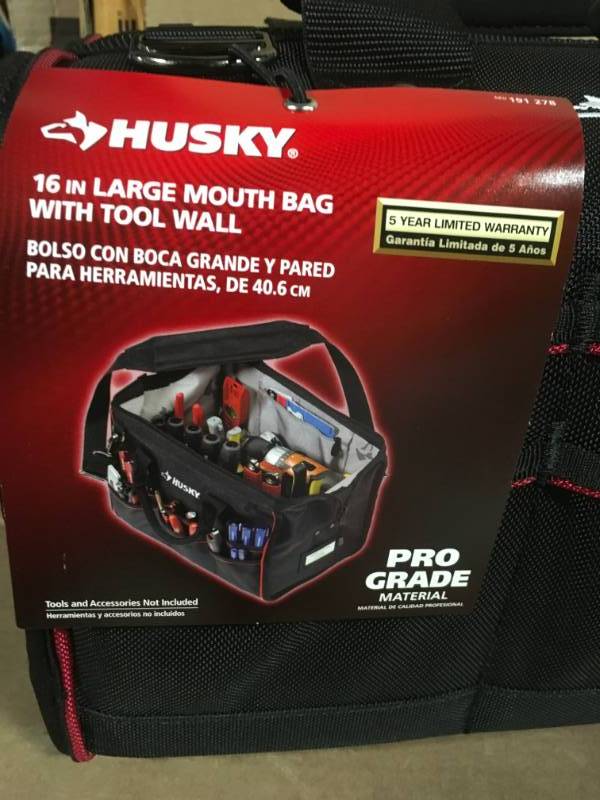 lot 1 image: Husky 16 Large Mouth Tool Bag With Tool Wall in very good condition