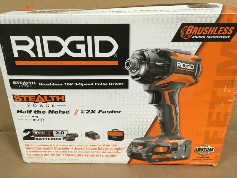 lot 5 image: RIDGID 18-Volt STEALTH FORCE Lithium-Ion Cordless Brushless 14 in. Pulse Driver Kit ONE BATTERY USED in good condition