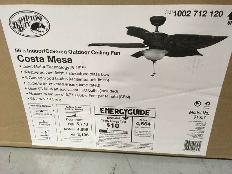 lot 11 image: Hampton Bay Costa Mesa 56 in. LED IndoorOutdoor Weathered Zinc Ceiling Fan with Light Kit in very good condition