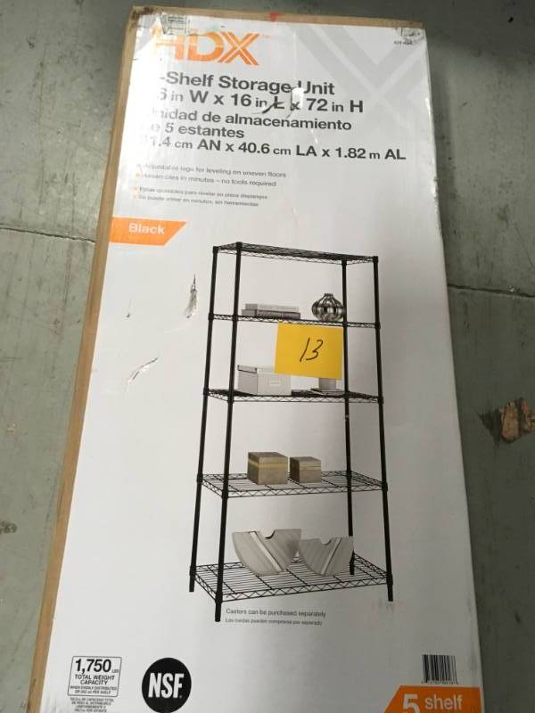 lot 13 image: HDX 72 in. H x 36 in. W x 16 in. D 5-Tier Wire Shelving Unit in Black in very good condition