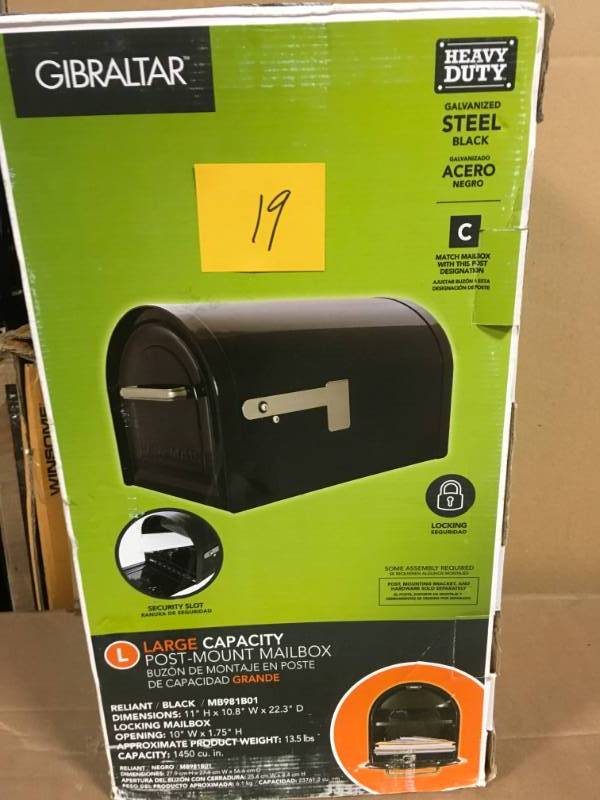 lot 19 image: Gibraltar Mailboxes Reliant Locking Post Mount Mailbox in Black in very good condition