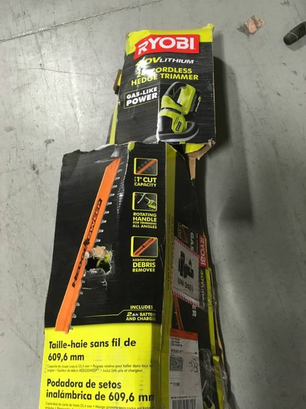 lot 41 image: RYOBI 24 in. 40-Volt Lithium-Ion Cordless Hedge Trimmer with 2 Ah Battery in very good condition