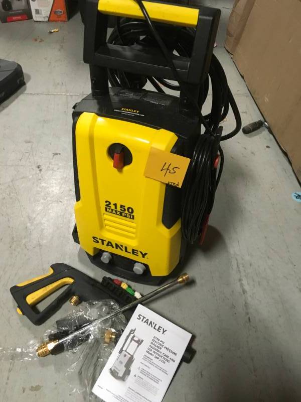 lot 45 image: Stanley 2150 psi 1.4 GPM Electric Pressure Washer with Included Soap Foam Cannon, 25 ft. Hose, Spray Gun, Nozzles and More USED