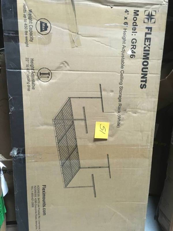 lot 51 image: FLEXIMOUNTS 6 ft. x 4 ft. Heavy-Duty Overhead Garage Adjustable Ceiling Storage Rack in White in very good condition