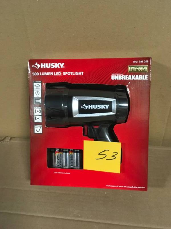 lot 53 image: HUSKY 500 Lumen LED SPOTLIGHT 1001 596 206 Virtually Unbreakable WITH BATTERIES in very good condition