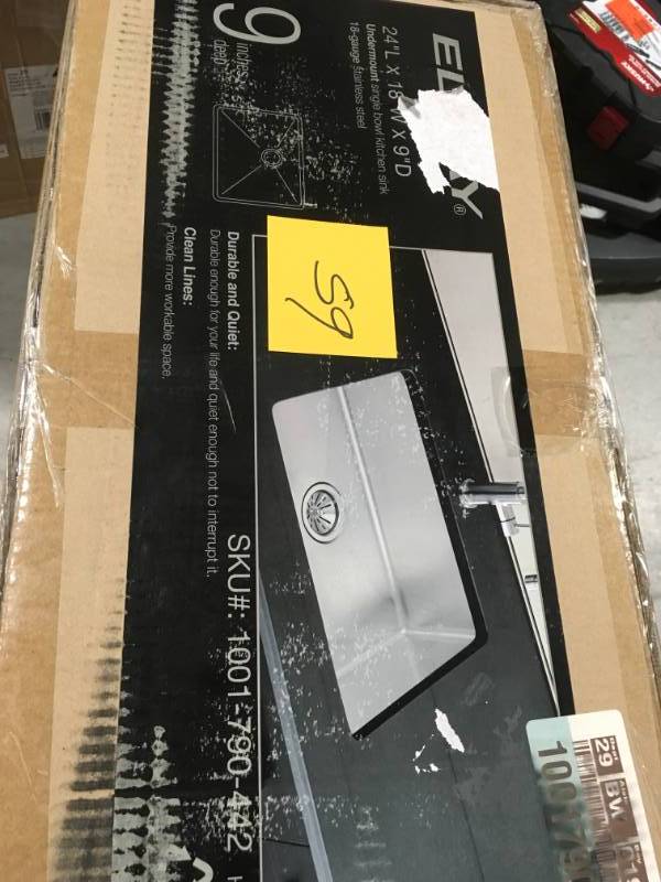 lot 59 image: Elkay Crosstown Undermount Stainless Steel 24 in. Single Bowl Kitchen Sink in very good condition