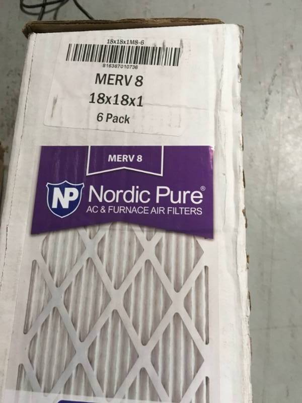 lot 64 image: Nordic Pure 18 in. x 18 in. x 1 in. Allergen Pleated MERV 12 - FPR 9 Air Filters (6-Pack) not used