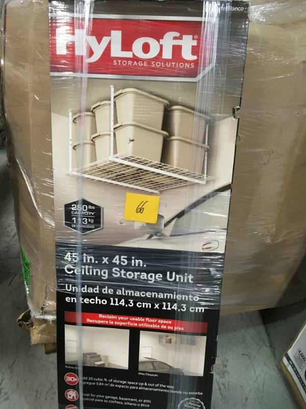 lot 66 image: HyLoft 45 in. W x 45 in. D Garage Ceiling Mount Storage Unit in White in very good condition