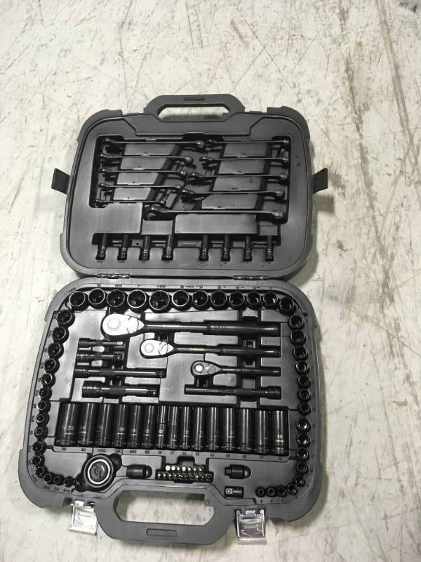 lot 67 image: Husky 14 in., 38 in. and 12 in. Drive 100-Position Universal SAE and Metric Mechanics Tool Set (105-Piece) in very good condition