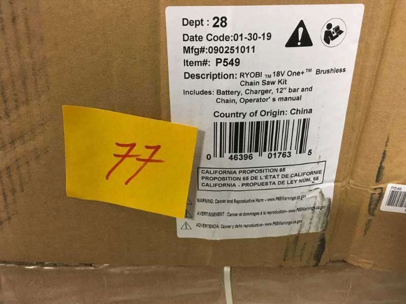 lot 77 image: RYOBI ONE 12 in. 18-Volt Brushless Lithium-Ion Electric Cordless Chainsaw - 4.0 Ah Battery and Charger Included in very good condition