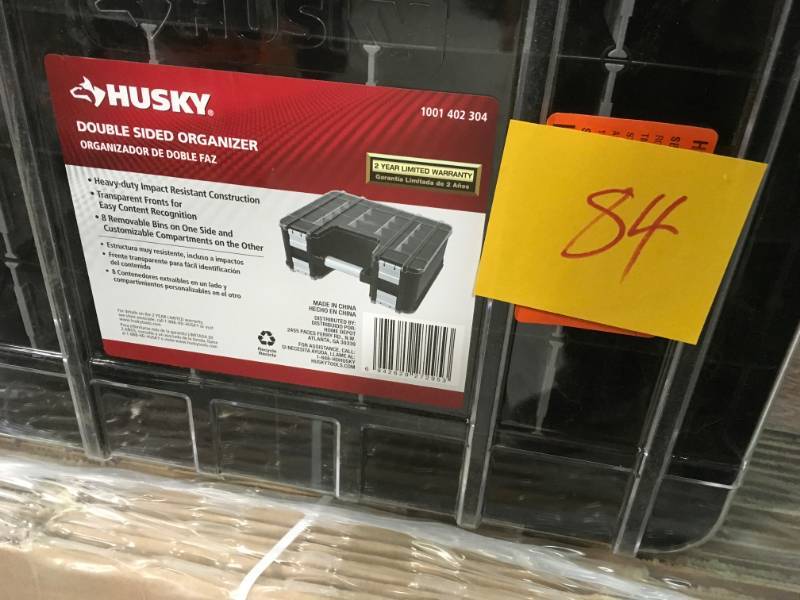 lot 84 image: Husky 15 in. x 13 in. Black Pro Double Sided Small Parts Organizer with Bins (8-Piece) in very good condition