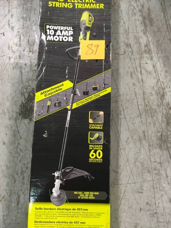 lot 89 image: RYOBI 18 in. 10 Amp Electric String Trimmer in very good condition