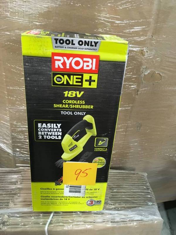 lot 95 image: RYOBI ONE 18-Volt Lithium-Ion Cordless Battery Grass Shear and Shrubber Trimmer (Tool Only) in very good condition