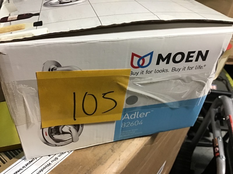lot 105 image: Moen Adler 1-Handle 1-Spray Shower Faucet with Valve in Chrome in very good condition