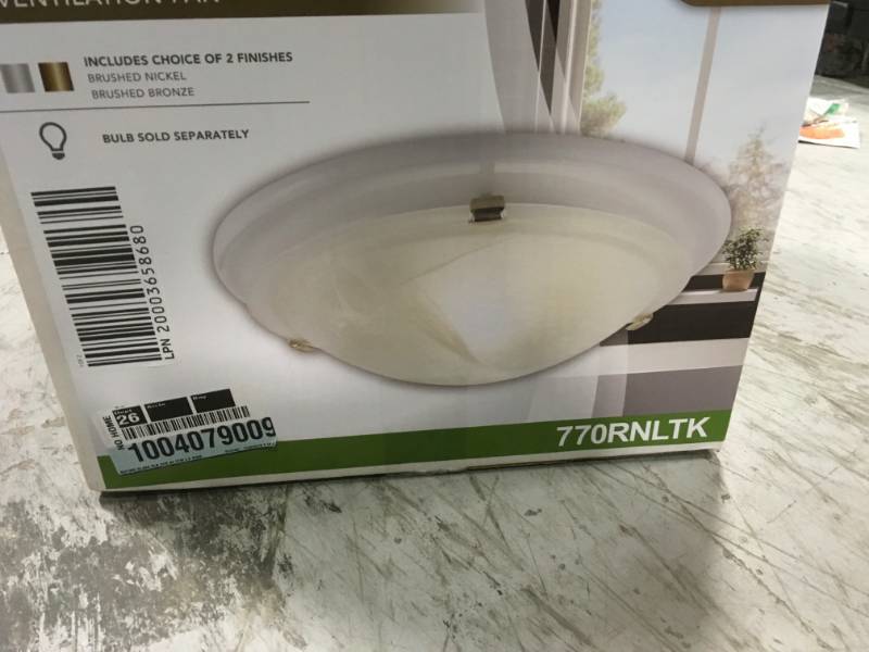 lot 9 image: NuTone Decorative Brushed Nickel 80 CFM Ceiling Bathroom Exhaust Fan with Round Globe and Easy Change Trim not used
