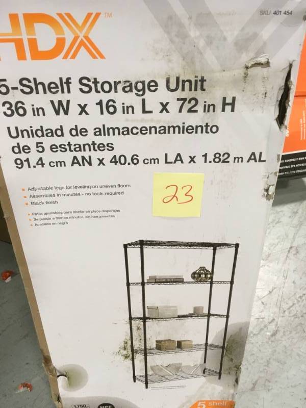 lot 23 image: HDX 72 in. H x 36 in. W x 16 in. D 5-Tier Wire Shelving Unit in Black in very good condition