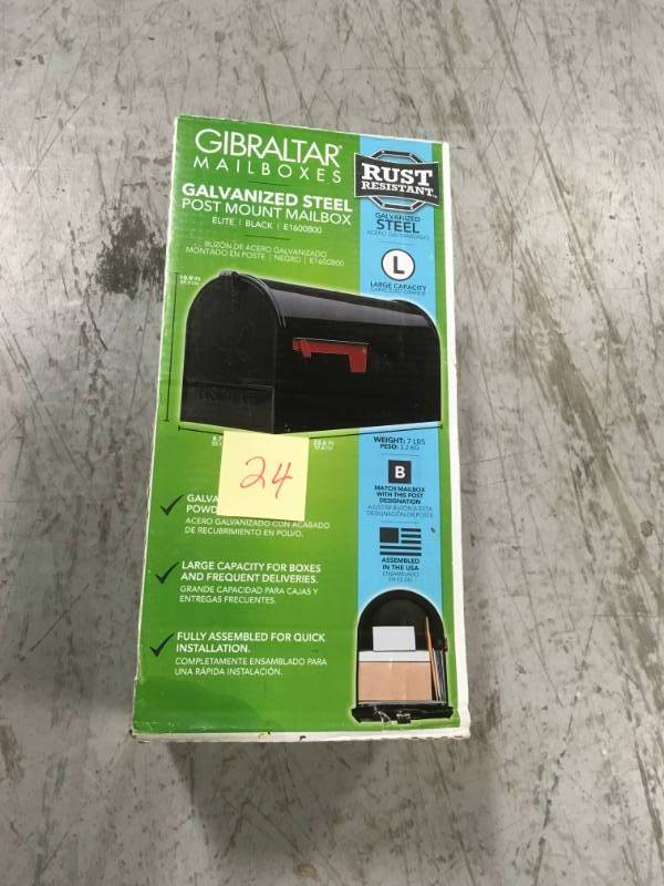 lot 24 image: Gibraltar Mailboxes Elite Large Galvanized Steel Post-Mount Mailbox in Black in very good condition