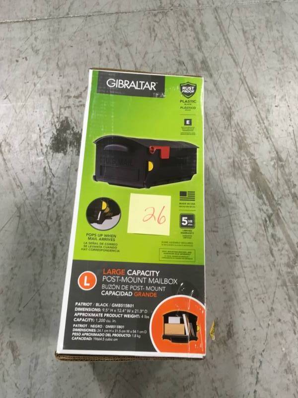 lot 26 image: Gibraltar Mailboxes Patriot Large Plastic Post-Mount Mailbox, Black in very good condition