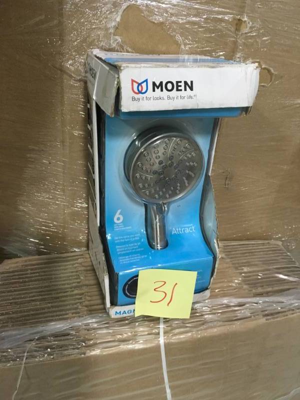 lot 31 image: MOEN Attract 6-Spray 4 in. Handheld Shower with Magnetix in Spot Resist Brushed Nickel in very good condition