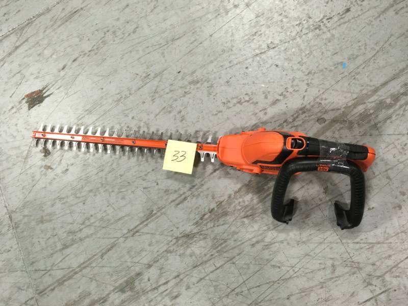 lot 33 image: BLACKDECKER 22 in. 20-Volt MAX Lithium-Ion Cordless Hedge Trimmer w (1) 1.5Ah Battery and Charger in very good condition