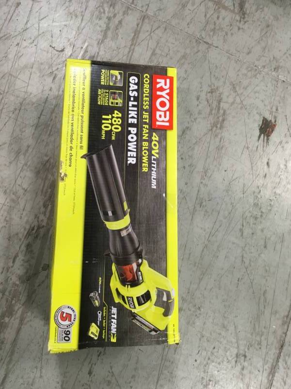 lot 41 image: RYOBI 110 MPH 480 CFM Variable-Speed 40-Volt Lithium-Ion Cordless Jet Fan Leaf Blower - 3.0 Ah Battery and Charger Included in very good condition