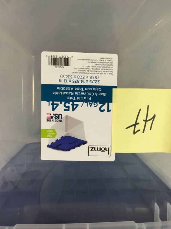 lot 47 image: HOMZ 12-Gal. Flip Lid Storage Tote in very good condition