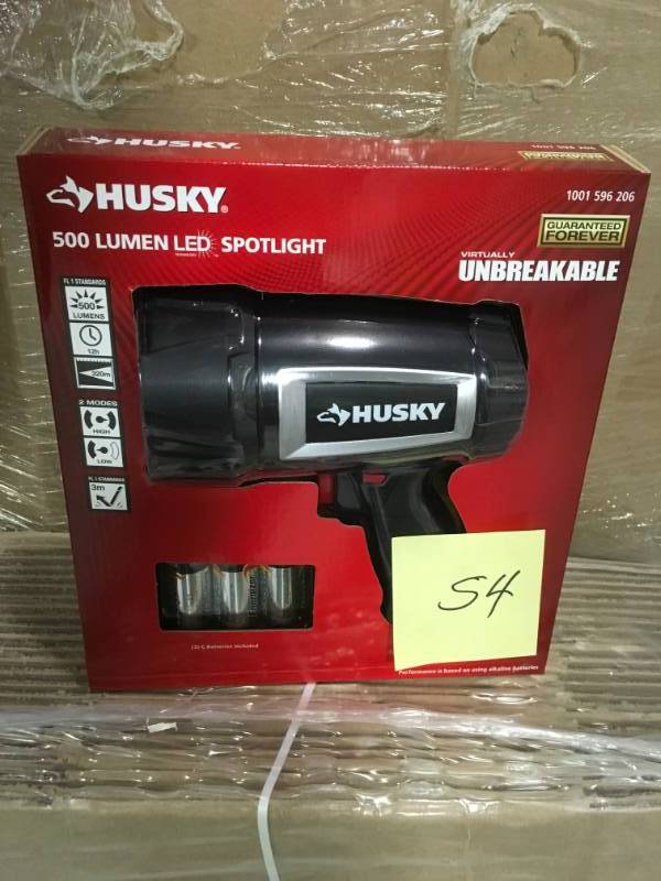lot 54 image: HUSKY 500 Lumen LED SPOTLIGHT 1001 596 206 Virtually Unbreakable WITH BATTERIES not used