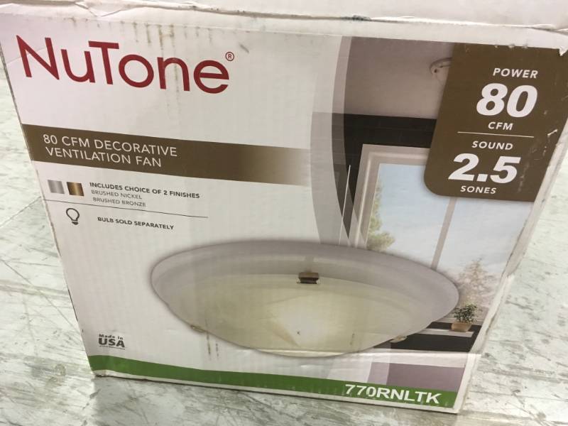 lot 57 image: NuTone Decorative Brushed Nickel 80 CFM Ceiling Bathroom Exhaust Fan with Round Globe and Easy Change Trim in very good condition