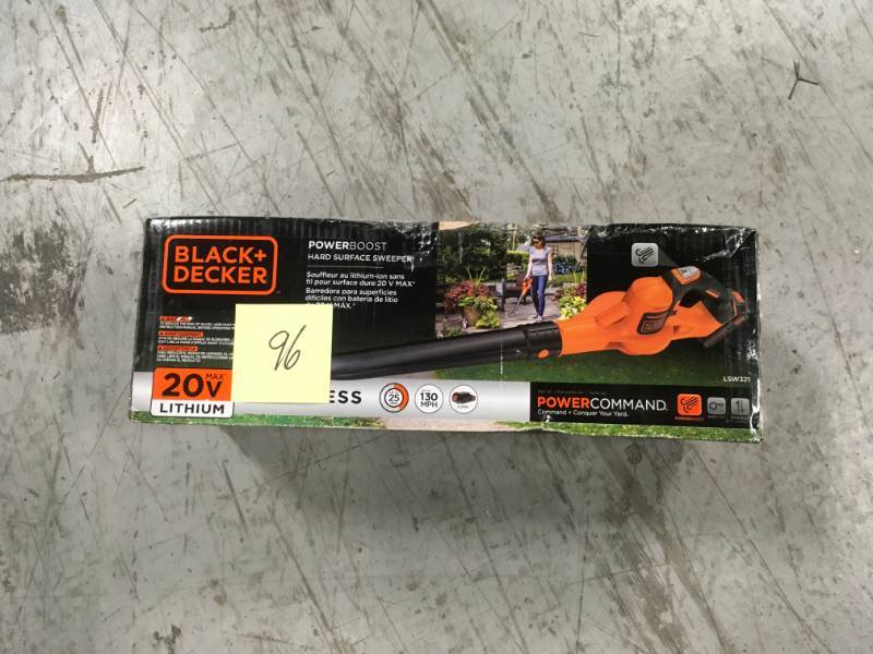 lot 96 image: BLACKDECKER 130 MPH 100 CFM 20-Volt MAX Lithium-Ion Cordless Handheld Leaf Sweeper w 2.0Ah Battery and Charger in very good condition