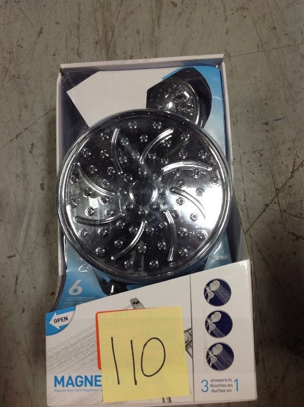 lot 110 image: Moen Attract 6-Spray 1.75 GPM Hand Shower and Showerhead Combo Kit with Magnetix in Chrome not used