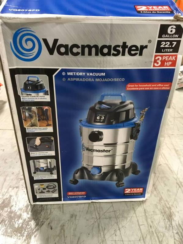 lot 1 image: Vacmaster 6-gal. Stainless Steel WetDry Vac with Blower Function in like new condition