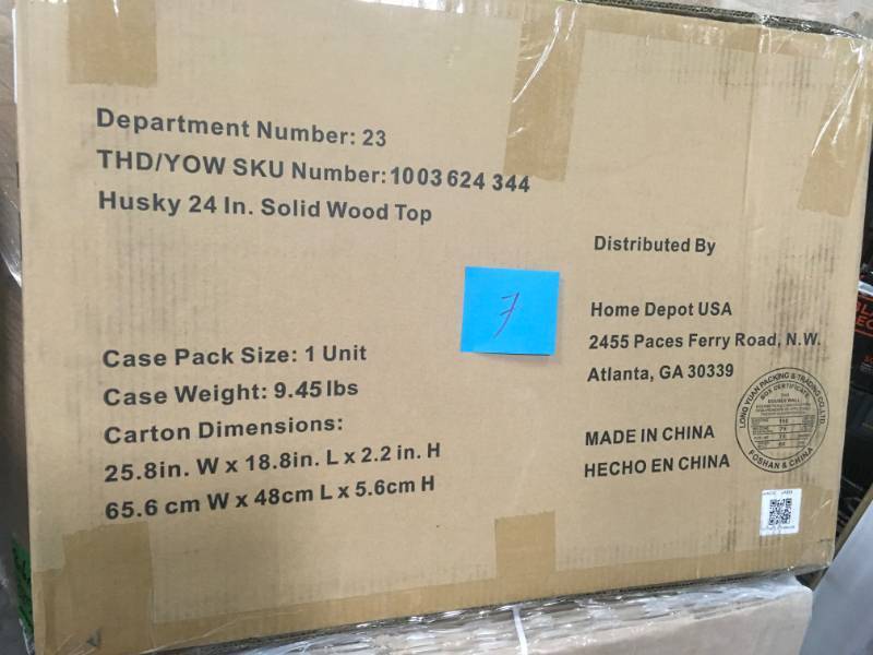 lot 7 image: Husky 0.8 in. x 24 in. x 16 in. Solid Wood Top for Welded 24 in. Base Cabinets in like new condition